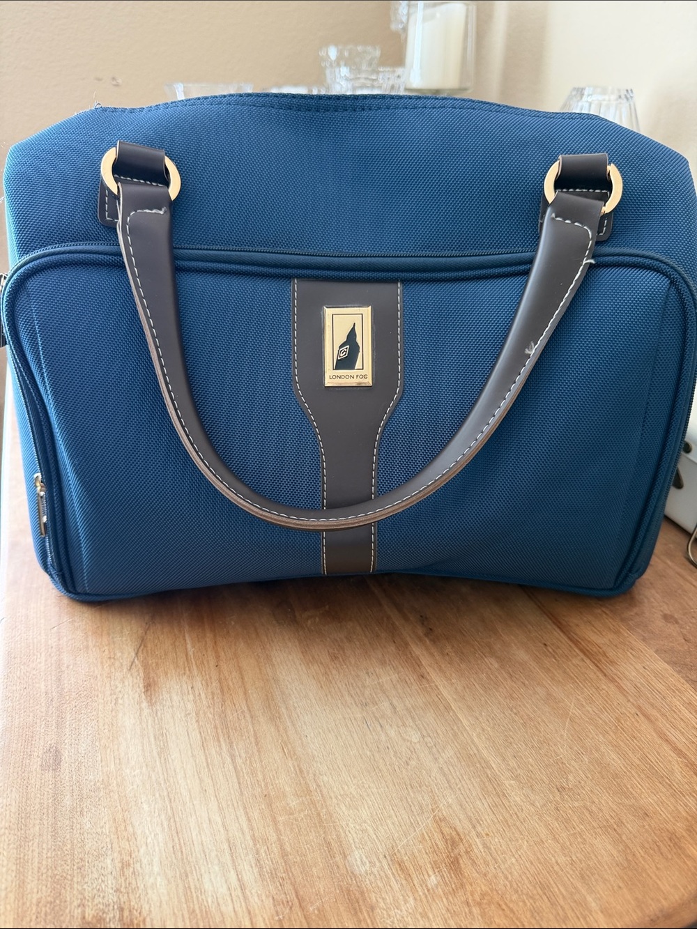 London Fog 17” Blue Travel Duffel with Dark Brown Trim